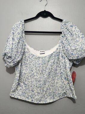 Arula Blue Floral Puff-Sleeve Women's Crop Top Size 2X New